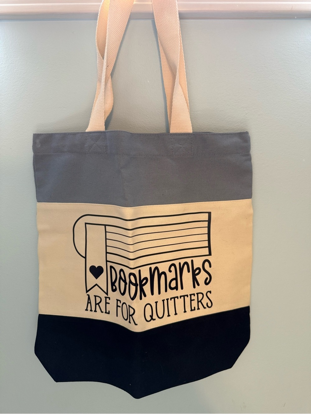 Canvas Book Tote Bag in Navy and Cream - 'Bookmarks Are For Quitters'